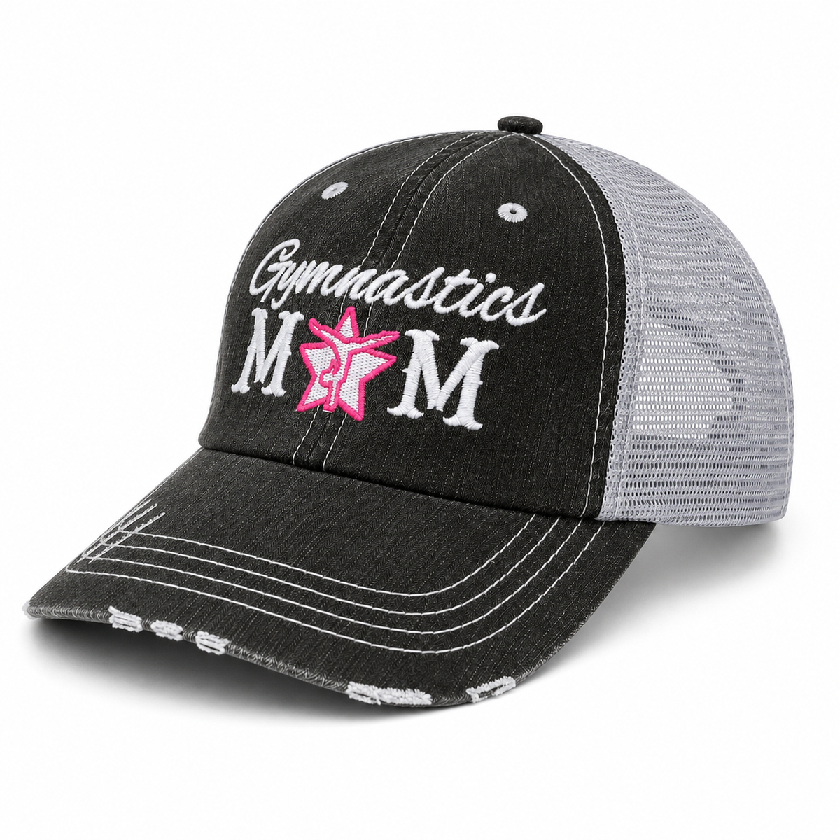  Side view of Gymnastics Mom Trucker Hat with black distressed front and gray mesh back