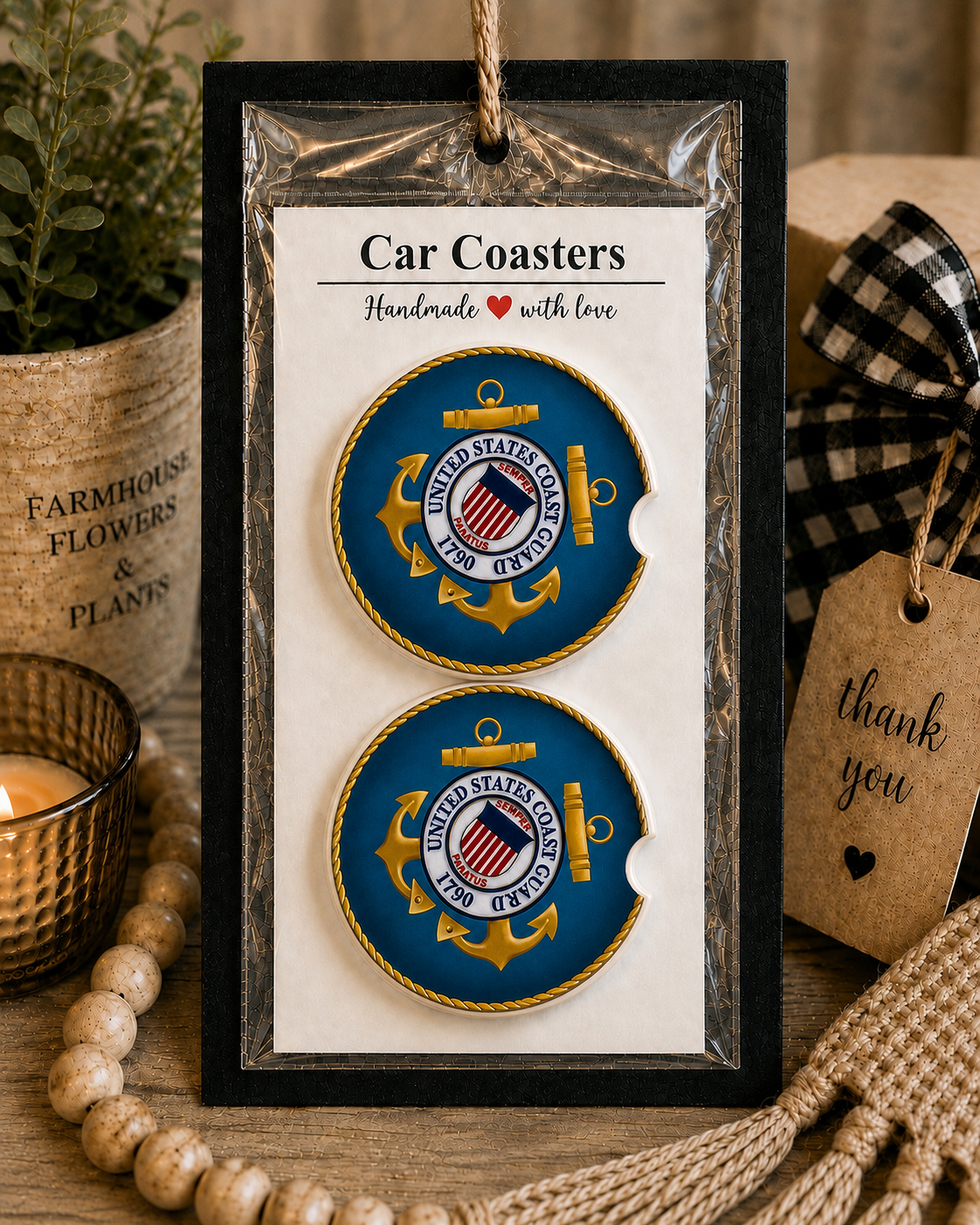 United States Coast Guard Car Coaster Set in handmade packaging — gift-ready ceramic coasters with official USCG emblem and gold anchor on navy blue, set of 2
