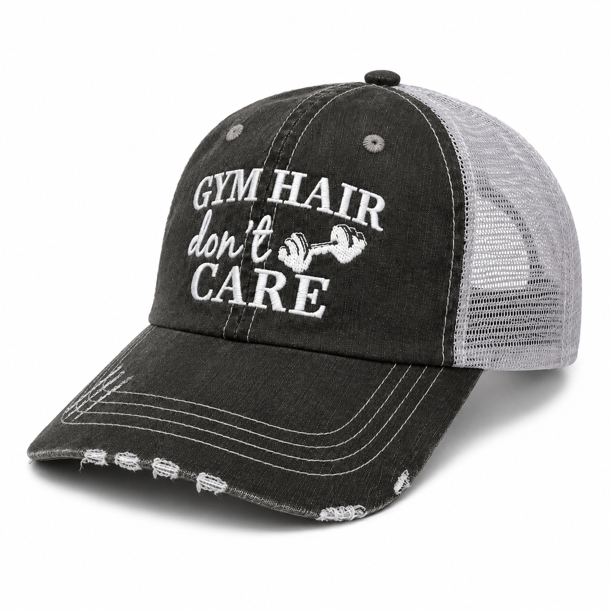  Gym Hair Don’t Care black distressed trucker hat side view with white mesh back and embroidered design.