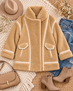 Tan sherpa lace-trim jacket laid flat with coordinating neutral accessories
