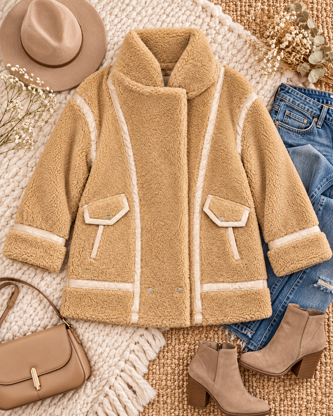 Tan sherpa lace-trim jacket laid flat with coordinating neutral accessories
