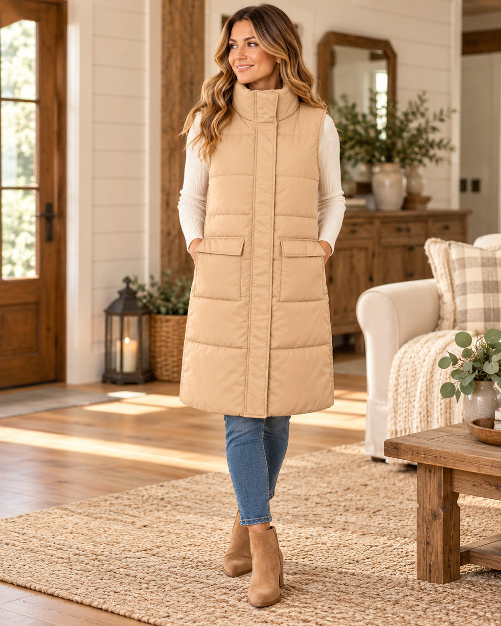 Woman wearing a tan long quilted puffer vest over a cream long-sleeve top with jeans and tan ankle boots, showing the stand collar and front pockets

