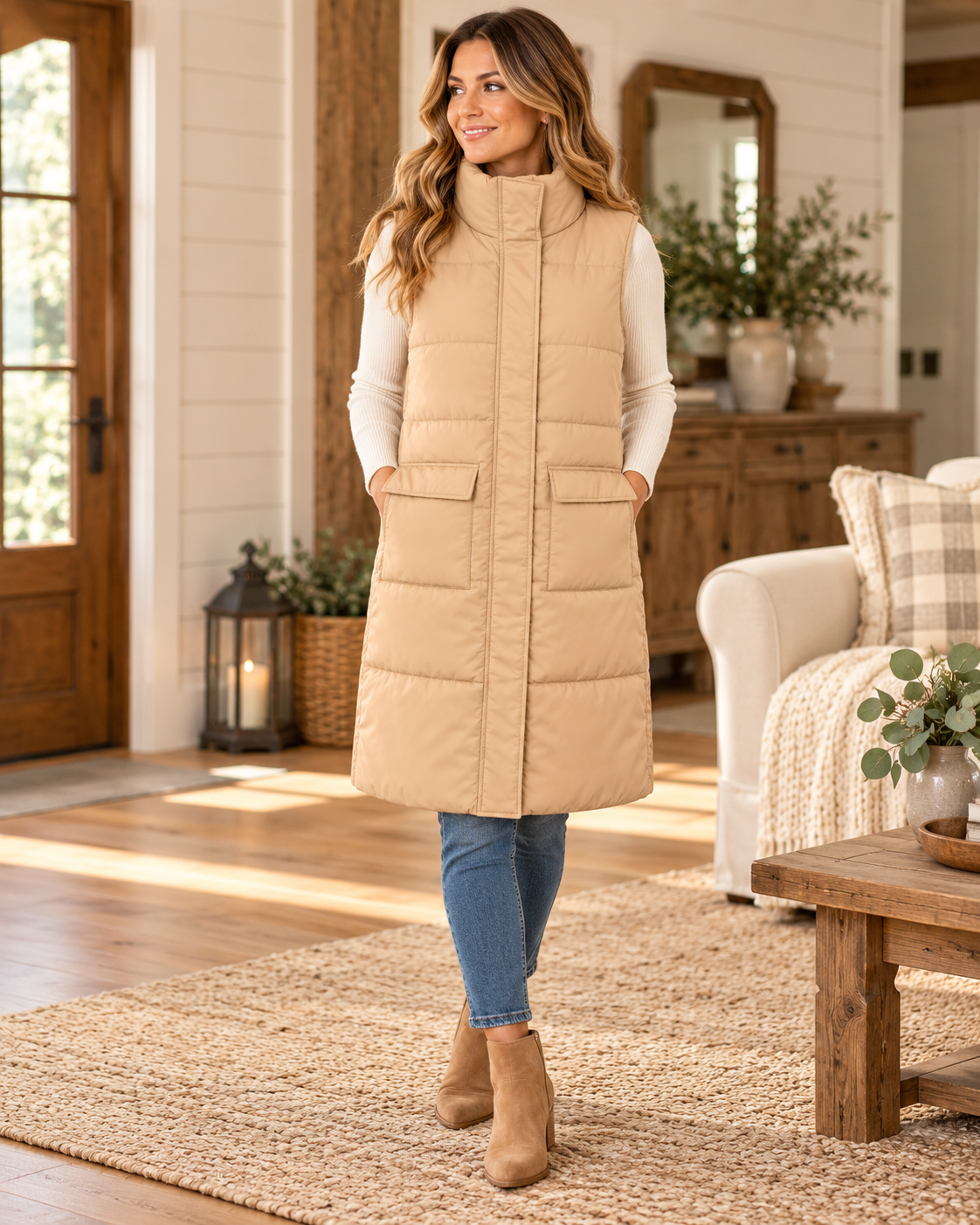Woman wearing a tan long quilted puffer vest over a cream long-sleeve top with jeans and tan ankle boots, showing the stand collar and front pockets
