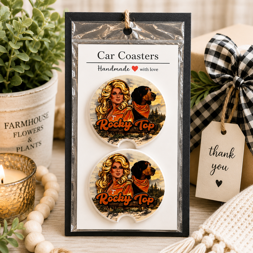 Rocky Top Dolly and Smokey Car Coaster Set in handmade packaging — gift-ready ceramic coasters with Dolly Parton and Smokey design, set of 2
