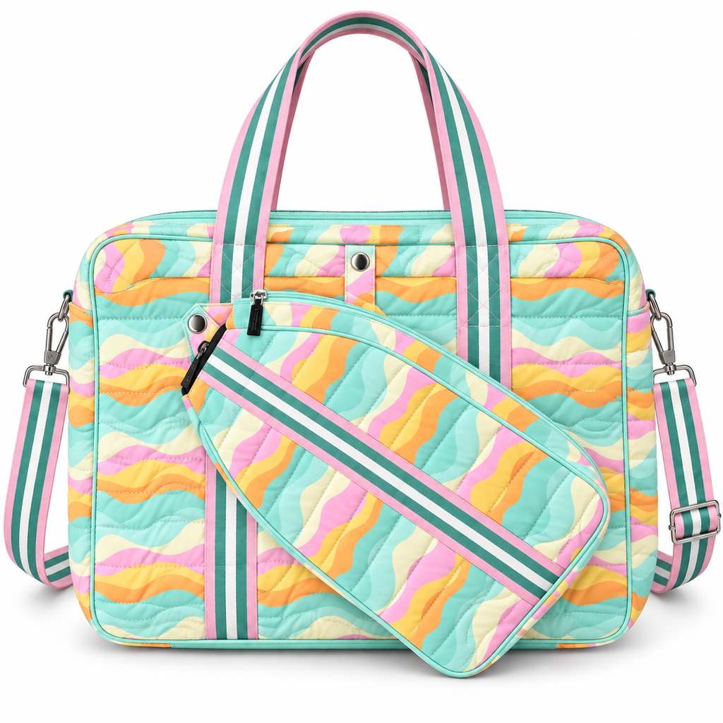 Pastel Wave Pickleball Bag front view showing quilted polyester in pastel wave print with mint, pink, orange, yellow, and cream waves, pink trim, teal and white stripe handles, silver snap paddle holder attachment, and removable quilted matching paddle holder with teal stripe strap and black zipper, with adjustable teal and white stripe crossbody strap with silver hardware on white background
