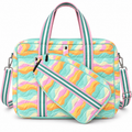 Pastel Wave Pickleball Bag front view showing quilted polyester in pastel wave print with mint, pink, orange, yellow, and cream waves, pink trim, teal and white stripe handles, silver snap paddle holder attachment, and removable quilted matching paddle holder with teal stripe strap and black zipper, with adjustable teal and white stripe crossbody strap with silver hardware on white background
