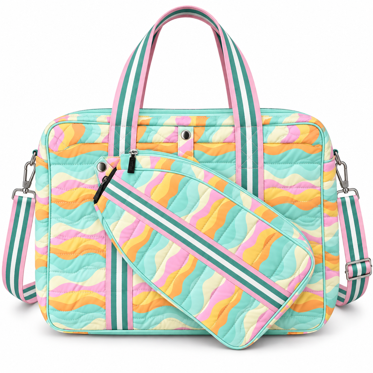 Pastel Wave Pickleball Bag front view showing quilted polyester in pastel wave print with mint, pink, orange, yellow, and cream waves, pink trim, teal and white stripe handles, silver snap paddle holder attachment, and removable quilted matching paddle holder with teal stripe strap and black zipper, with adjustable teal and white stripe crossbody strap with silver hardware on white background
