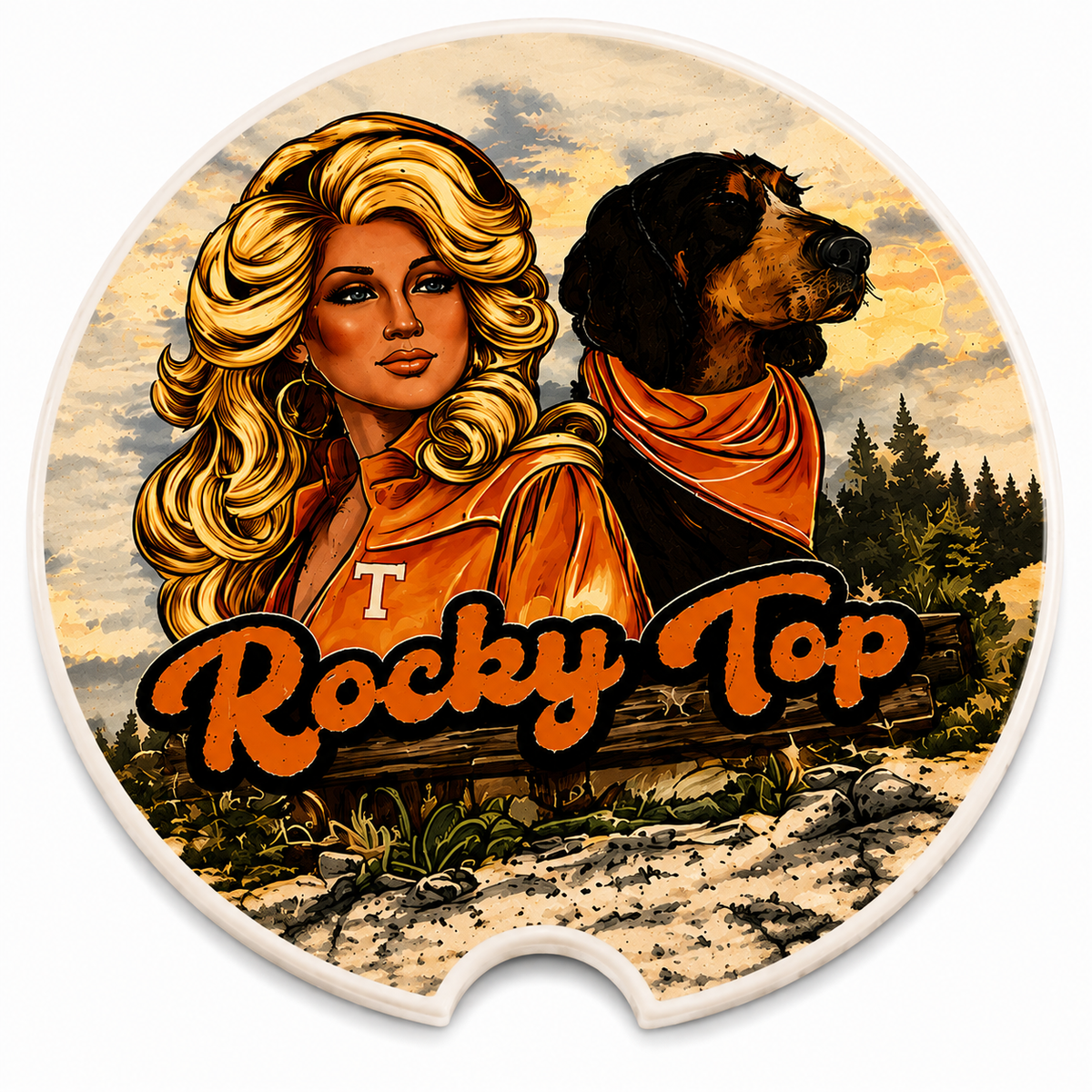 Close-up of Rocky Top Dolly and Smokey design on ceramic car coaster
