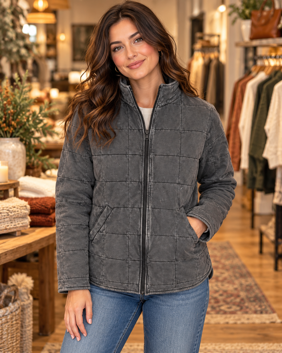 Brunette woman smiling in charcoal garment washed quilted jacket unzipped over white tee with blue jeans, in warm boutique interior with clothing racks and fall decor
