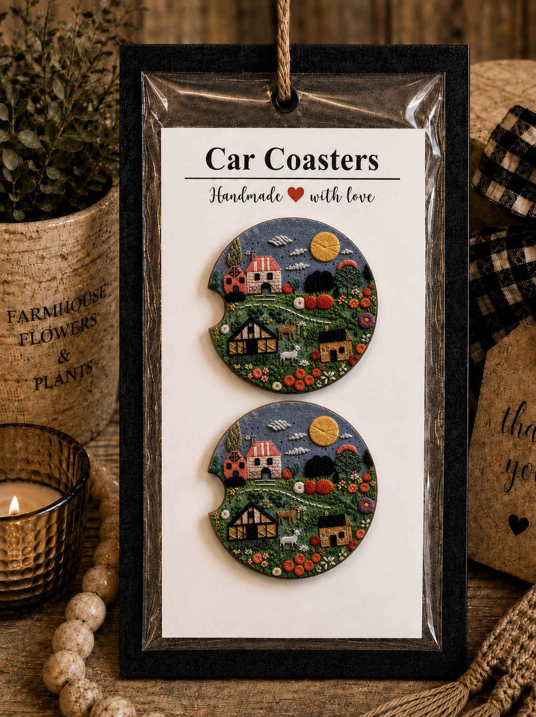 Folk Art Farm Village Car Coaster Set in handmade packaging — gift-ready ceramic coasters with sculpted folk art farmhouses, goats, wildflowers, and sun scene, set of 2
