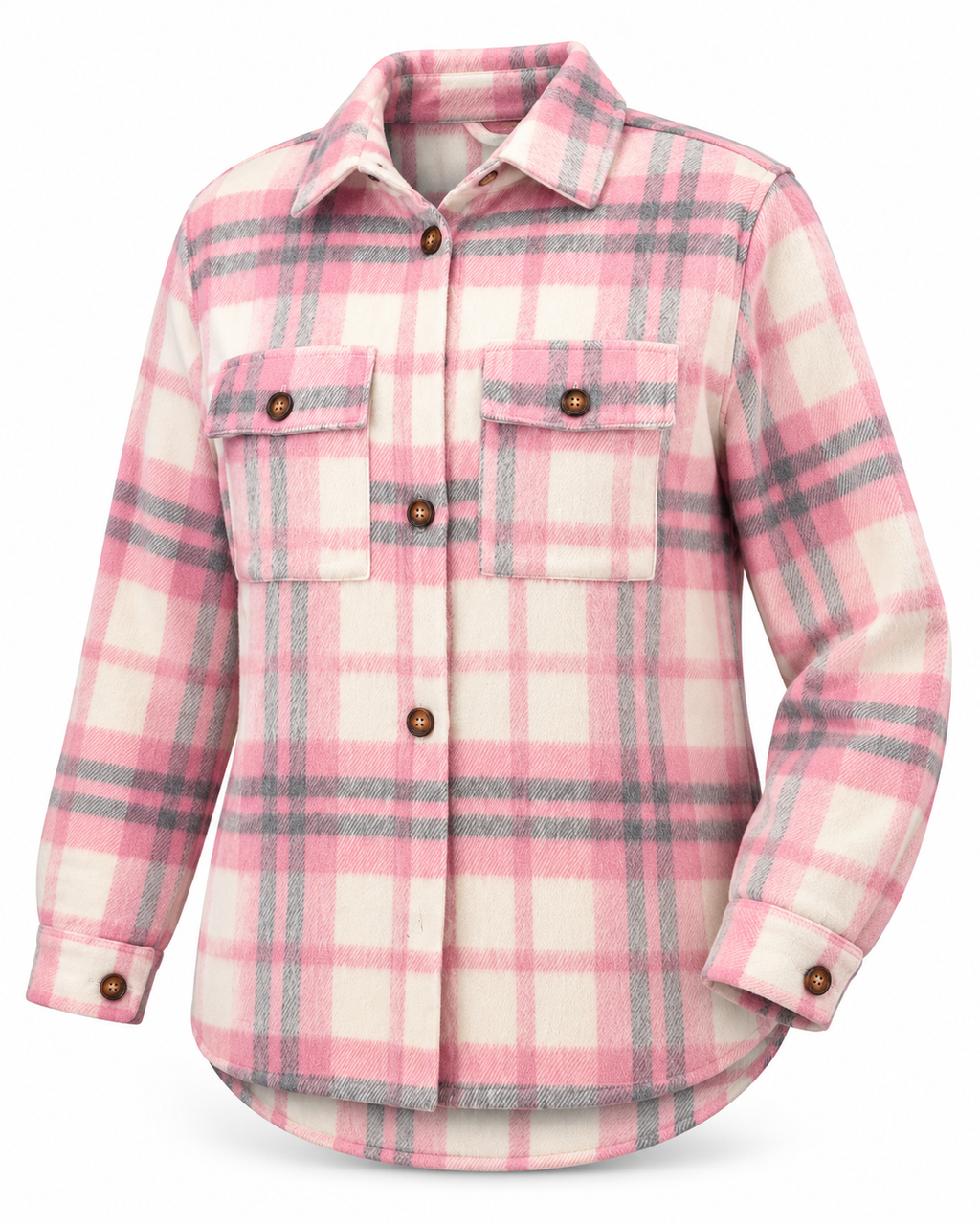 Pink & Gray Plaid Shacket three-quarter angle view showing pink, gray, and cream plaid pattern, spread collar, two buttoned chest flap pockets, brown dome buttons, and curved shirttail hem on white background
