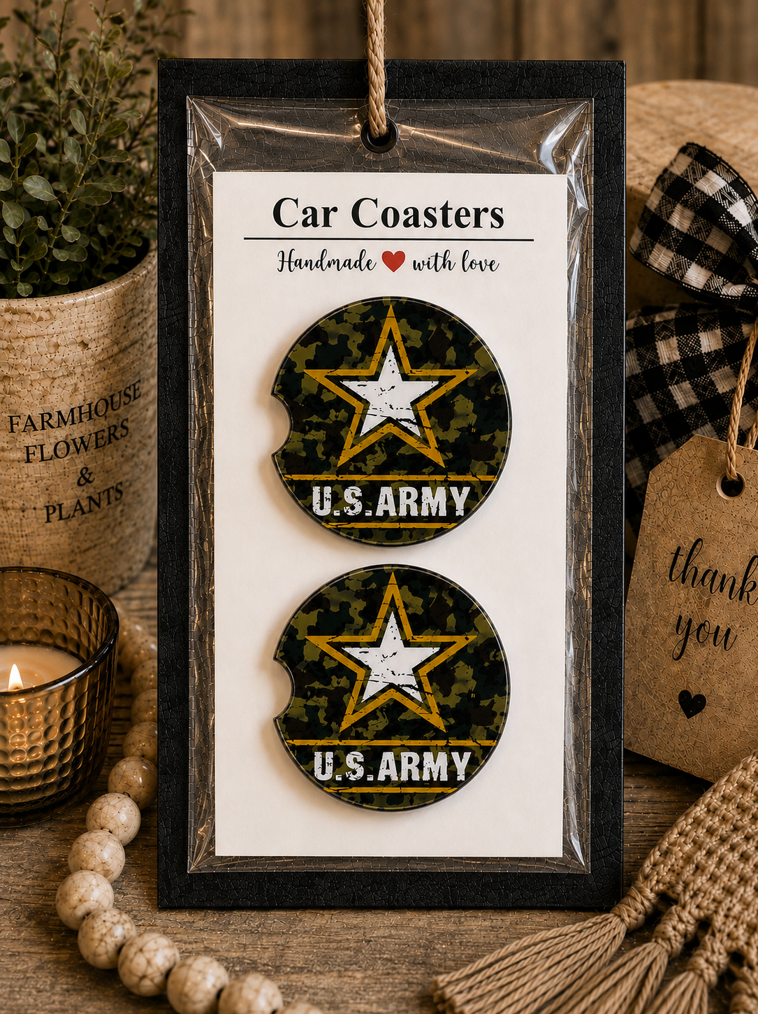 United States Army Car Coaster Set in handmade packaging — gift-ready ceramic coasters with U.S. Army star emblem on camouflage background, set of 2
