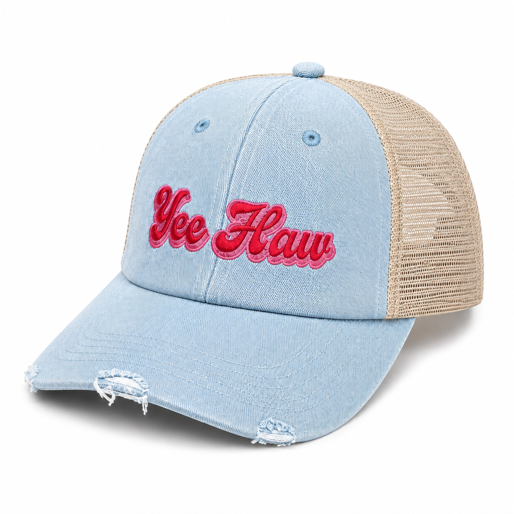 Side view of Yee Haw trucker hat with light blue denim front, pink and red embroidery, and tan mesh back