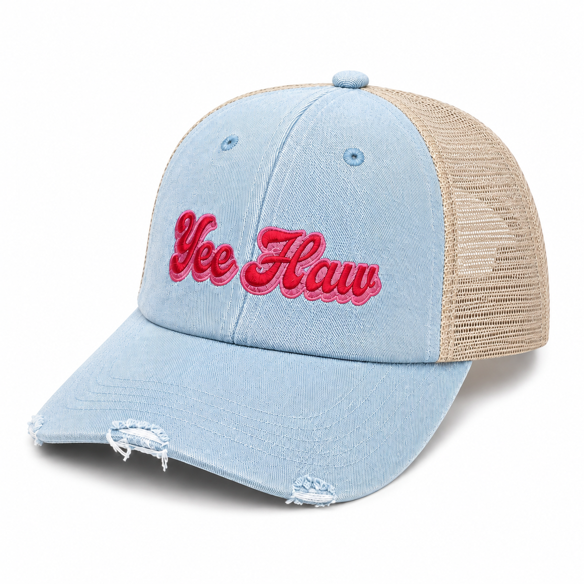 Side view of Yee Haw trucker hat with light blue denim front, pink and red embroidery, and tan mesh back