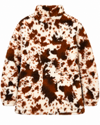 Back view of the brown and ivory cow print sherpa pullover showing the patterned back, stand collar, and long sleeves
