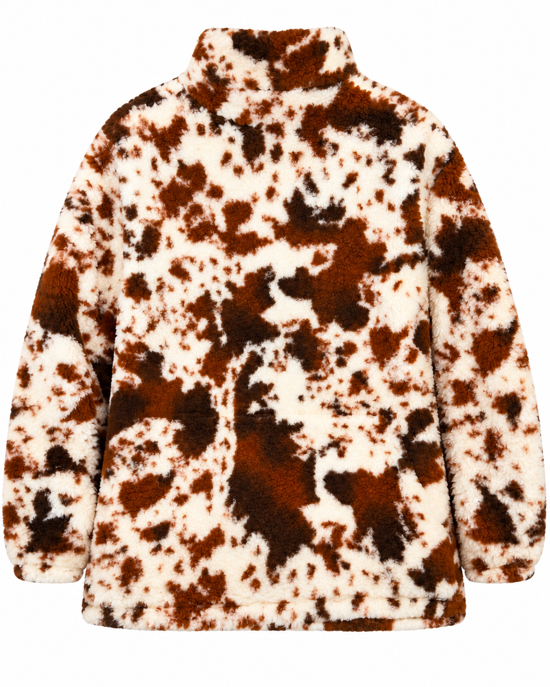 Back view of the brown and ivory cow print sherpa pullover showing the patterned back, stand collar, and long sleeves
