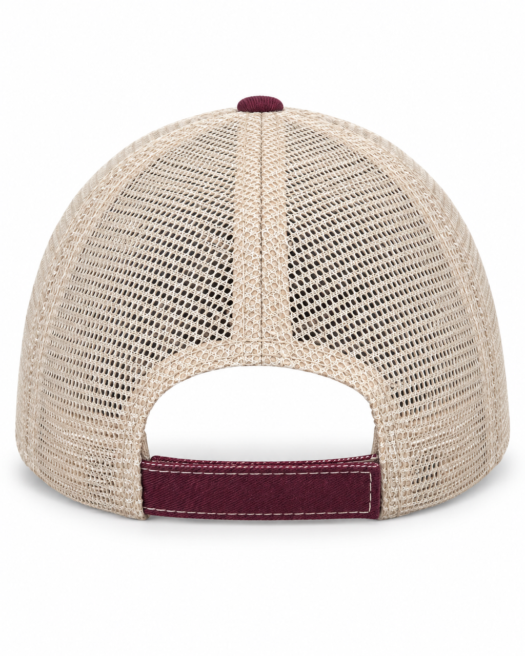 Back view of Pool Please Trucker Hat showing full tan mesh back and burgundy velcro closure tab on white background
