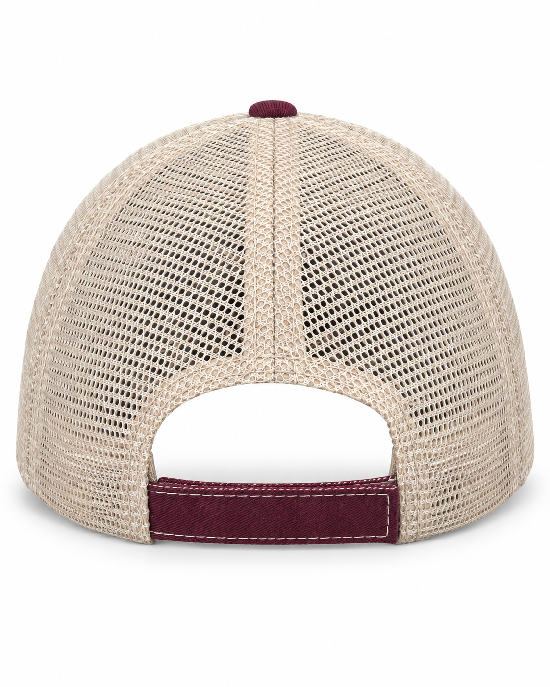 Back view of Pool Please Trucker Hat showing full tan mesh back and burgundy velcro closure tab on white background

