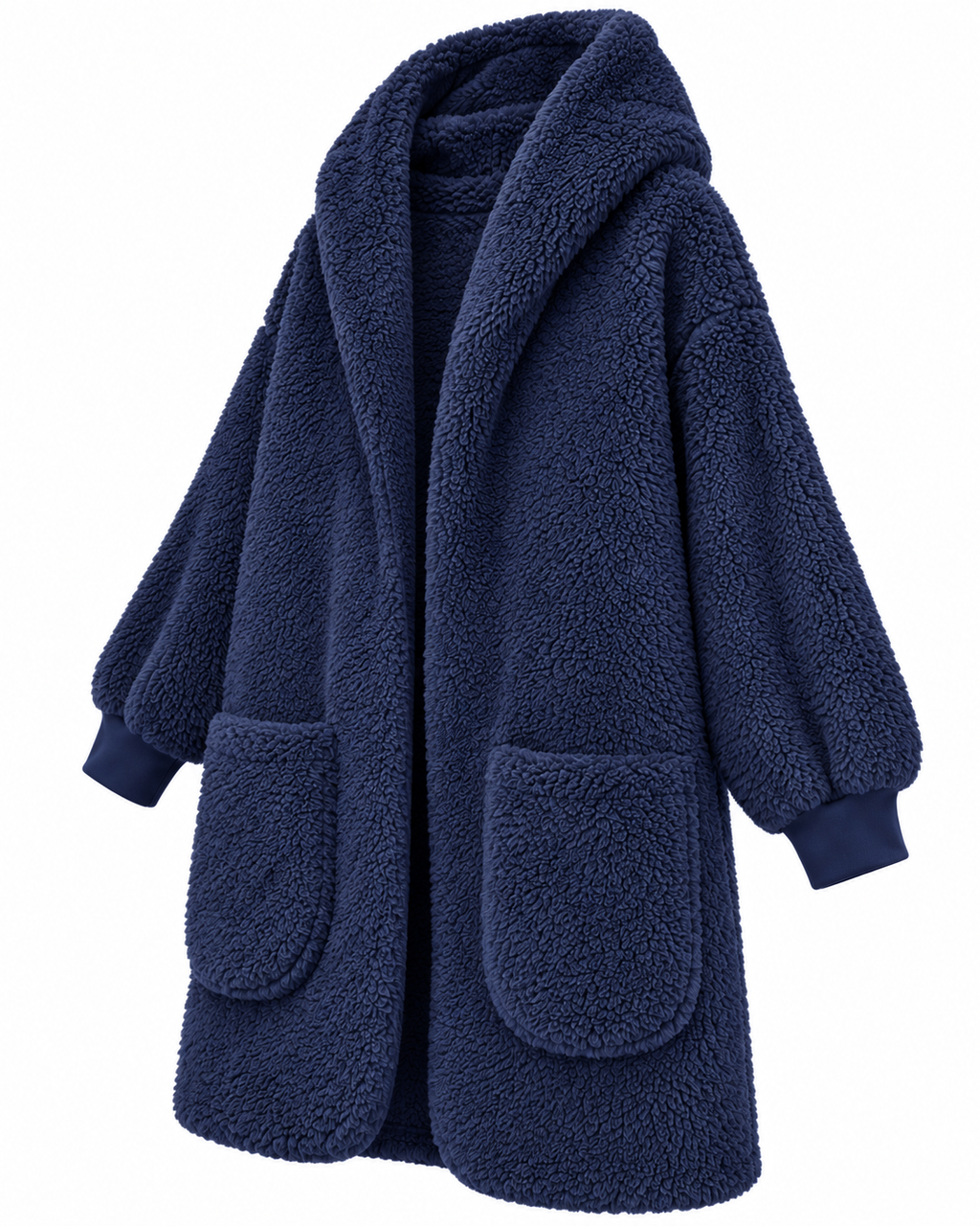 Angled front view of the navy hooded sherpa cardigan showing its relaxed drape and long sleeves
