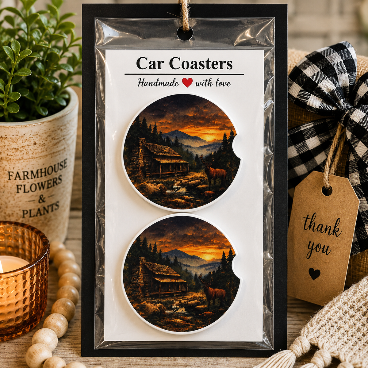 Mountain Cabin Sunset Car Coaster Set in handmade packaging — gift-ready ceramic coasters with rustic cabin and deer sunset design, set of 2
