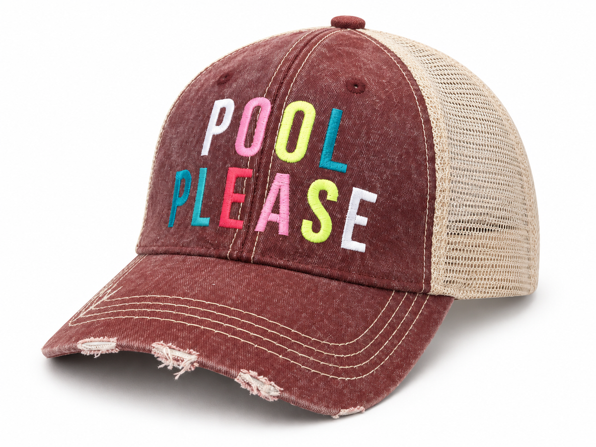 Pool Please Trucker Hat three-quarter angle view showing distressed burgundy front, tan mesh back, and multicolor embroidered Pool Please lettering on white background
