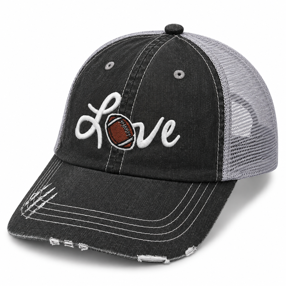Side view of Love Football trucker hat with distressed charcoal front, gray mesh back, white script embroidery and football design.