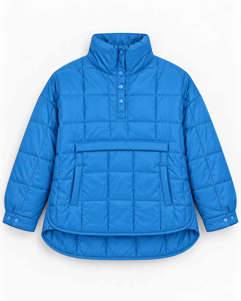 Flat lay front view of blue quilted puffer pullover jacket showing snap-flap kangaroo pocket, quarter snap placket, and curved high-low hem
