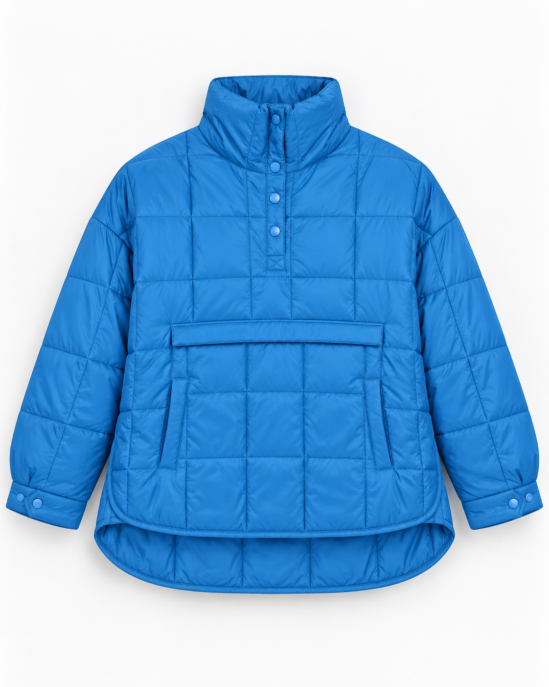 Flat lay front view of blue quilted puffer pullover jacket showing snap-flap kangaroo pocket, quarter snap placket, and curved high-low hem
