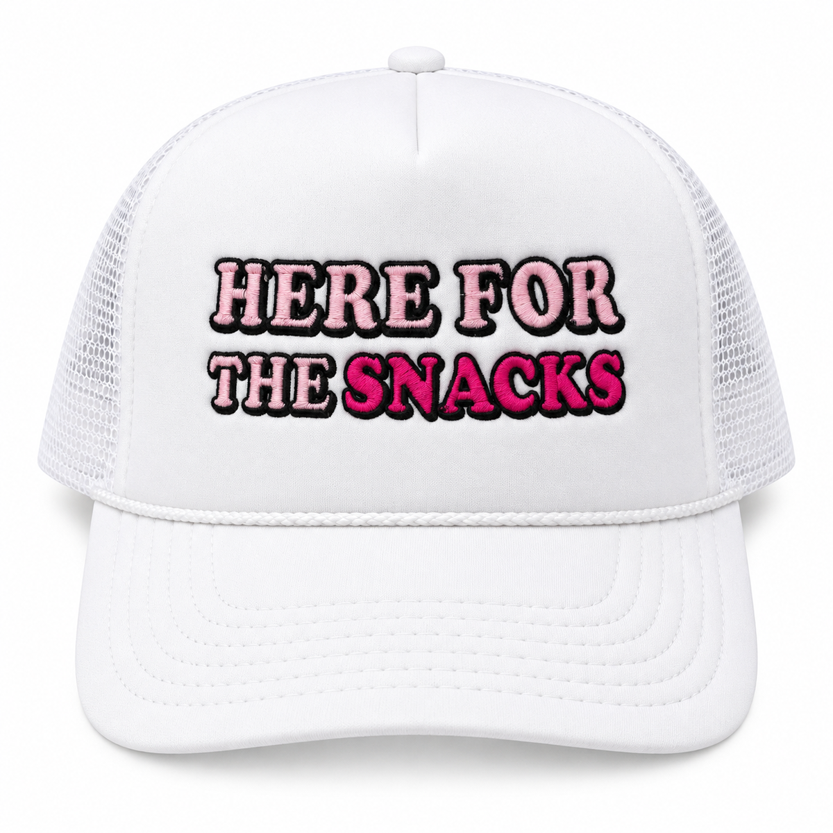 Here for the Snacks Trucker Hat front view with white structured front, white bill and mesh back, and pink and hot pink embroidered Here for the Snacks lettering with black outline on white background
