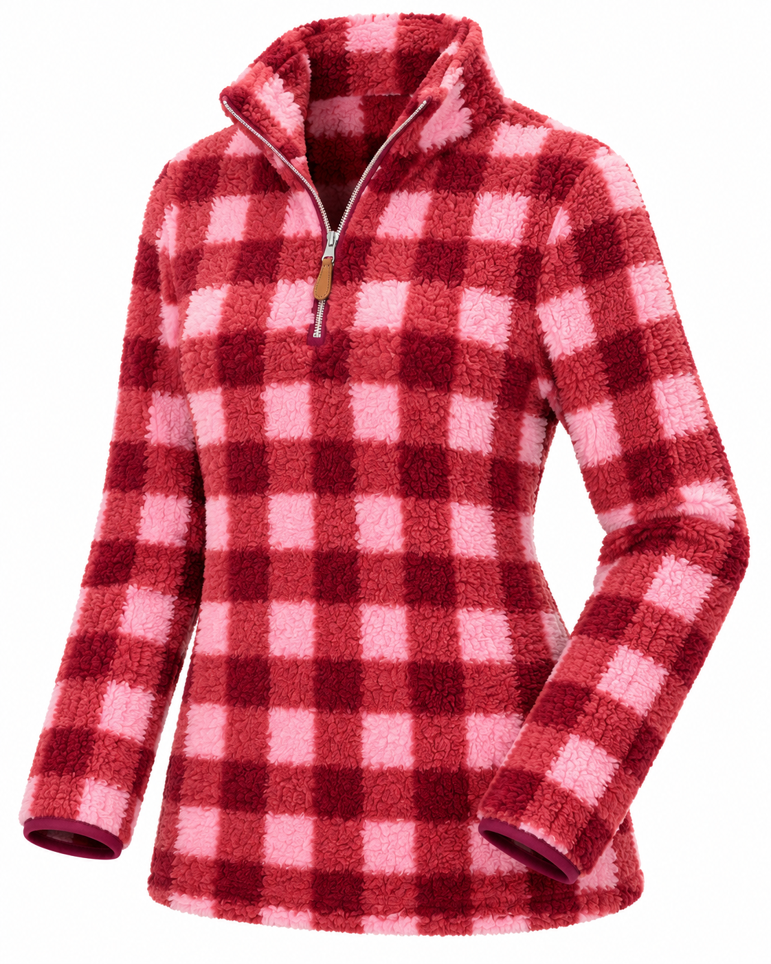 Angled front view of the pink and burgundy plaid sherpa pullover showing its quarter-zip neckline, long sleeves, and cuff edging
