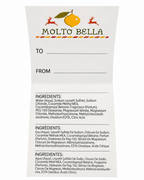 Molto Bella foldout gift tag showing To and From lines and the hand soap ingredient list in English, French, and Spanish
