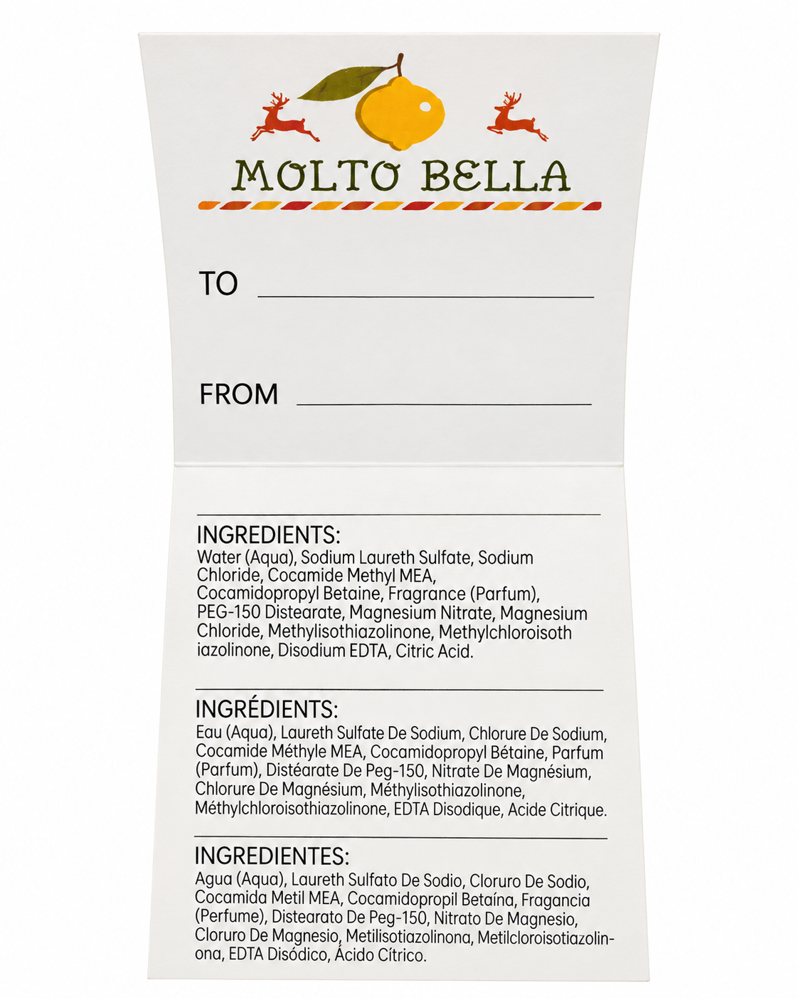 Molto Bella foldout gift tag showing To and From lines and the hand soap ingredient list in English, French, and Spanish
