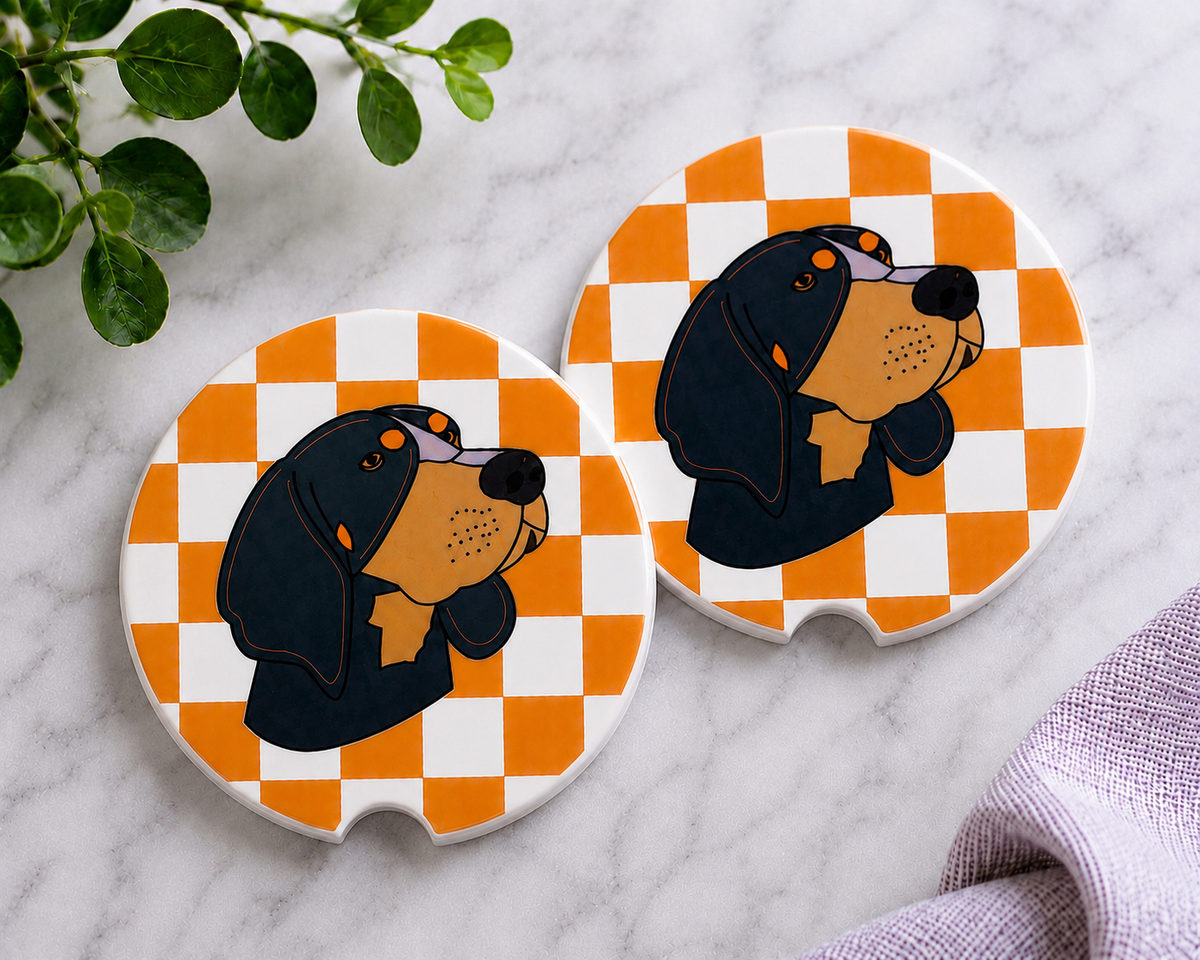 Smokey Checkerboard Car Coaster Set — ceramic coasters with Smokey mascot and orange checkerboard design, set of 2