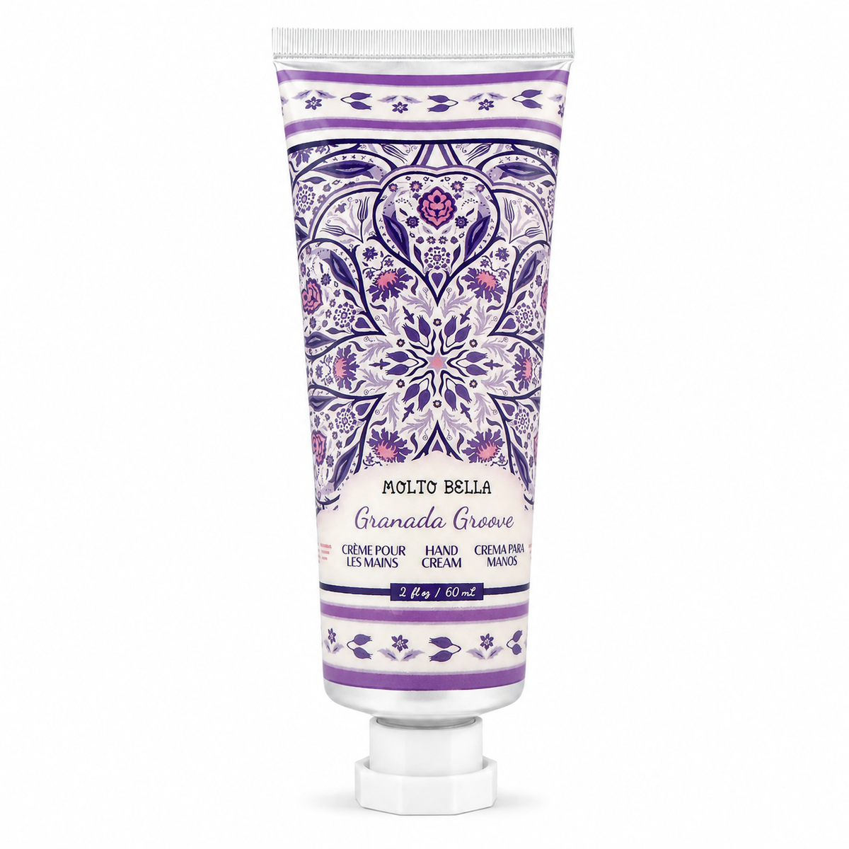 Molto Bella Granada Groove hand cream 2 oz tube with purple and cream floral packaging