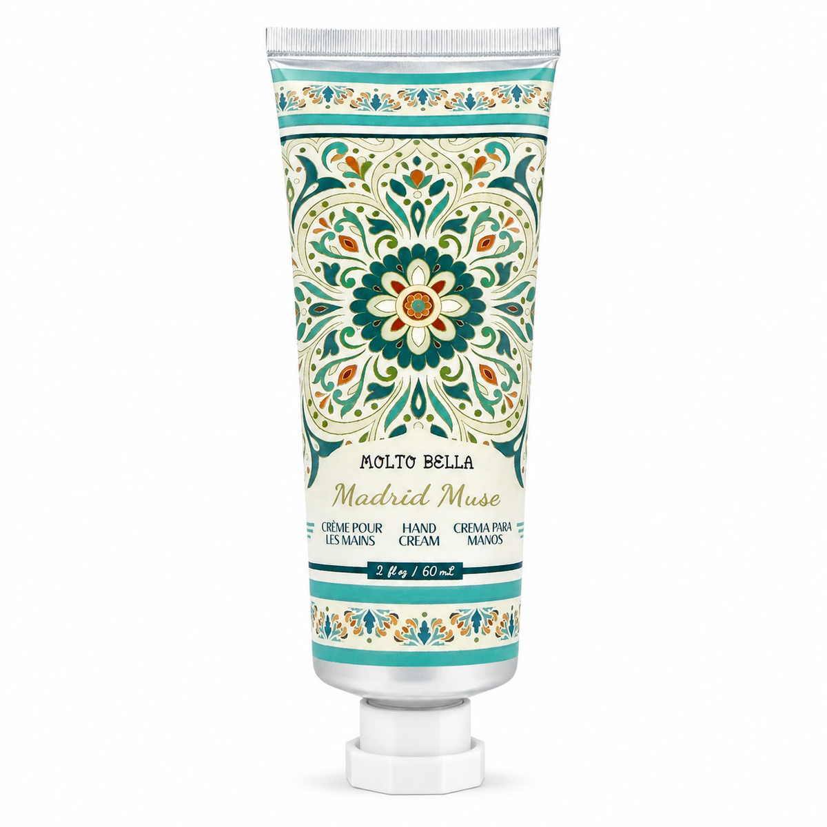 Molto Bella Madrid Muse hand cream 2 oz tube with teal and cream floral packaging