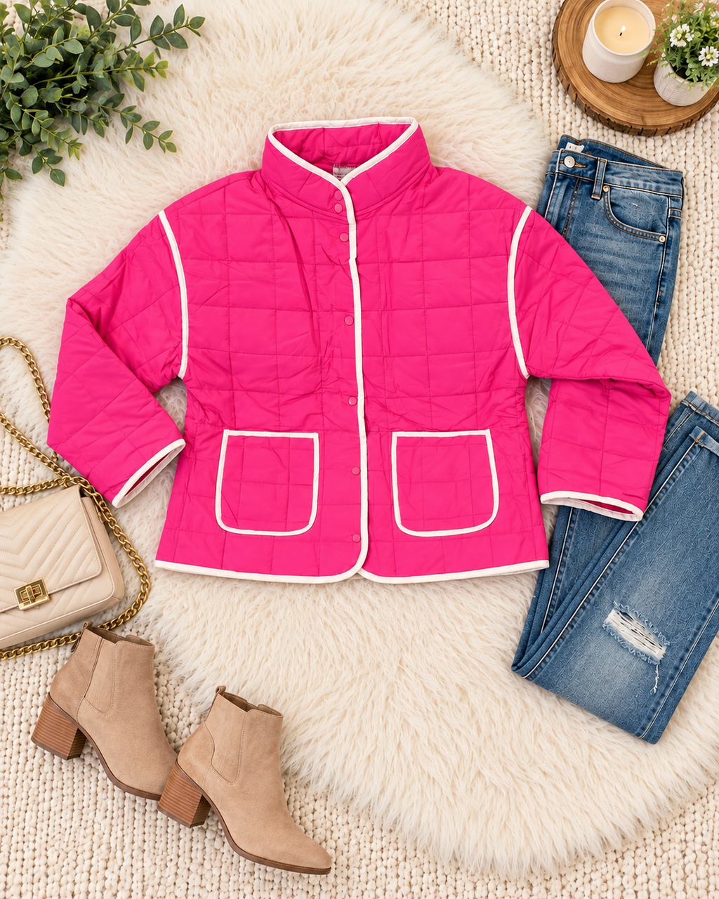 Pink Quilted Contrast Trim Jacket styled in flat lay on cream sherpa rug with distressed blue jeans, tan block-heel western ankle booties, cream quilted chain-strap crossbody bag, eucalyptus greenery, and white pillar candle on wood disc

