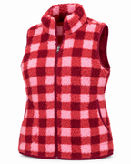 Angled front view of the pink, coral, and burgundy plaid sherpa vest showing its zipper, side pocket, and sleeveless design

