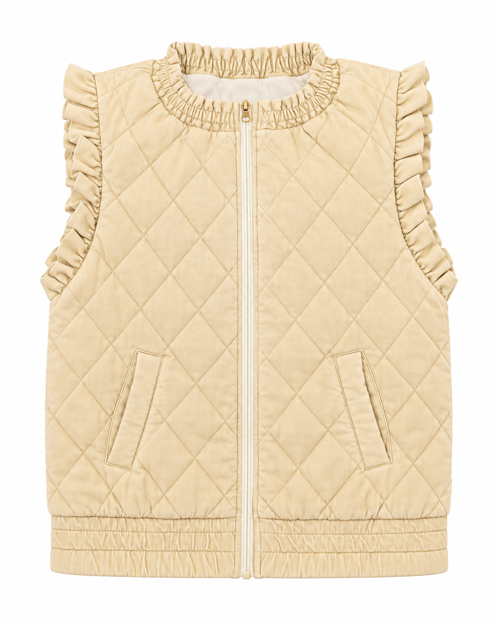 Front view of a beige garment-washed quilted vest with a full zipper, ruffled arm openings, and two angled pockets
