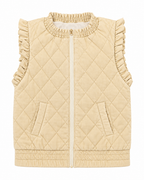 Front view of a beige garment-washed quilted vest with a full zipper, ruffled arm openings, and two angled pockets
