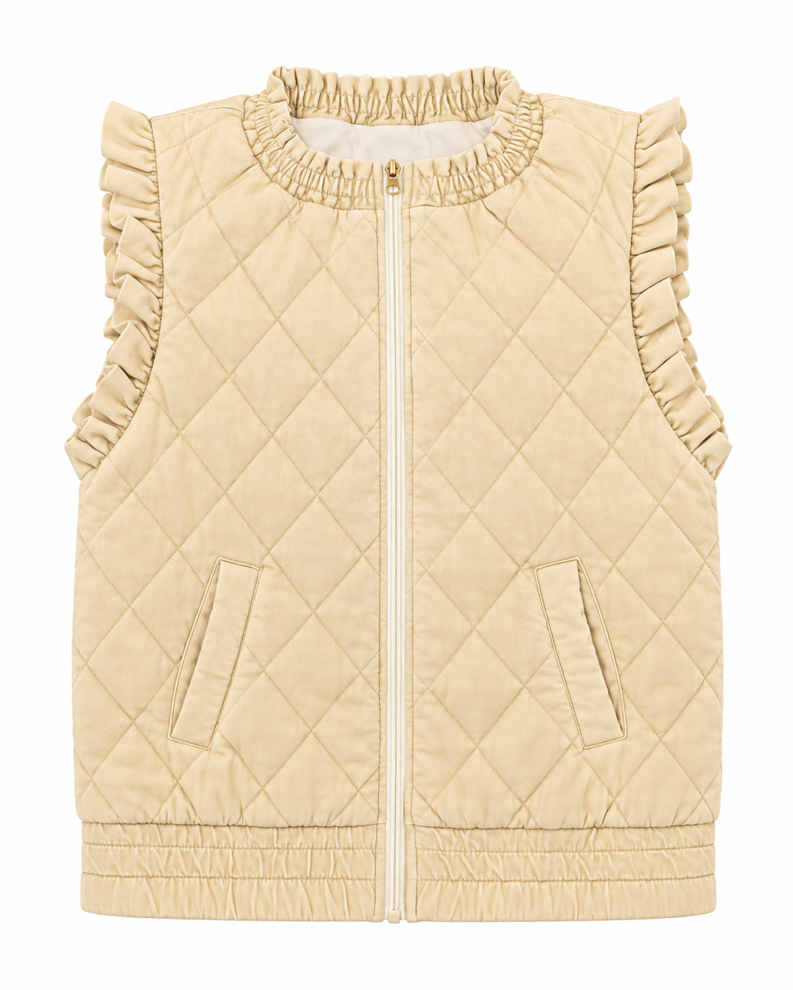 Front view of a beige garment-washed quilted vest with a full zipper, ruffled arm openings, and two angled pockets

