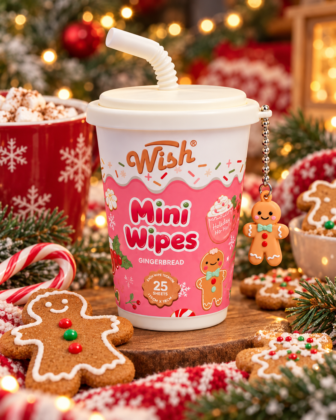 Gingerbread mini wipes in a pink cup with a white lid and gingerbread charm, displayed with cookies, candy canes, and Christmas decorations
