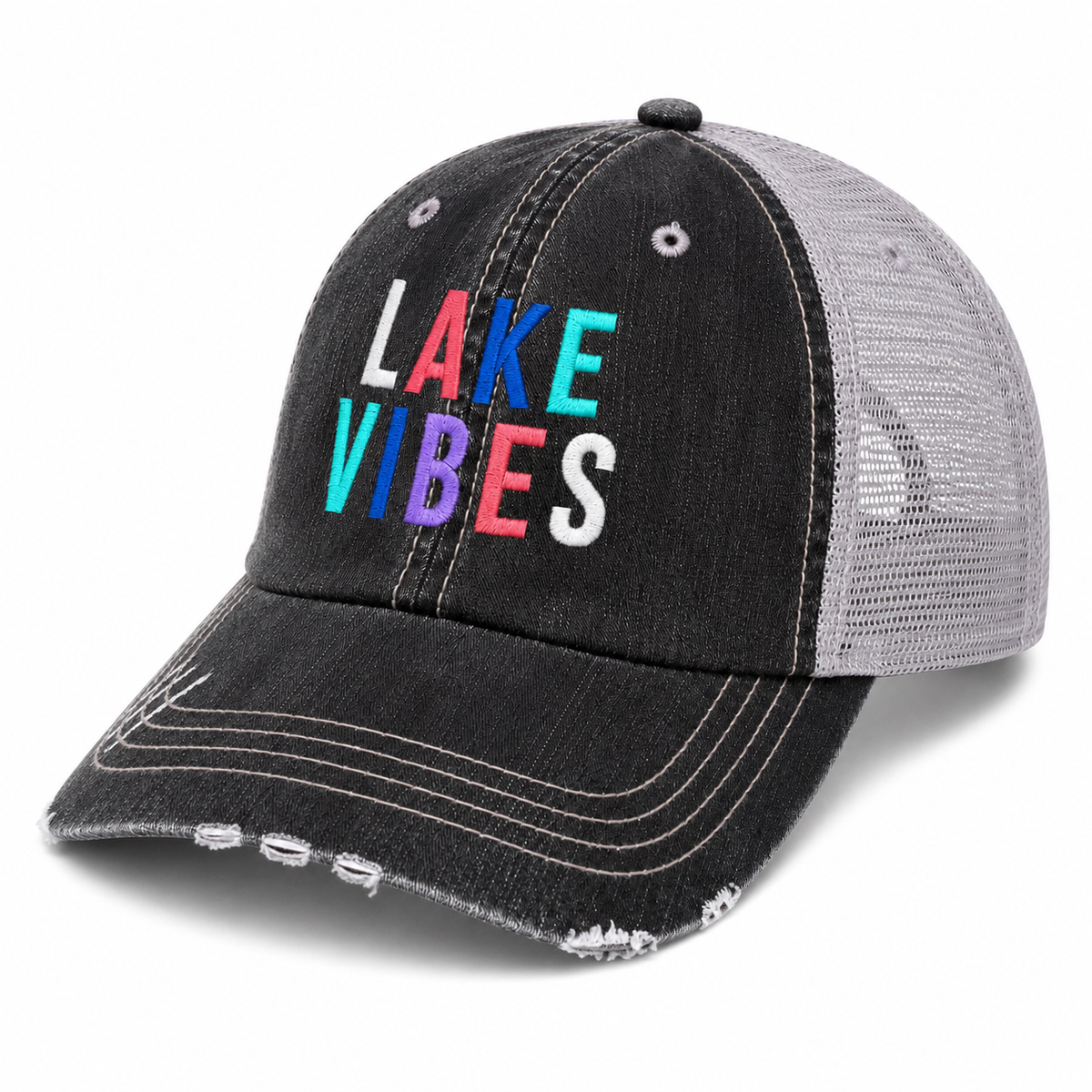 Side angle view of Lake Vibes trucker hat with colorful embroidery, distressed black denim front, and gray mesh back.