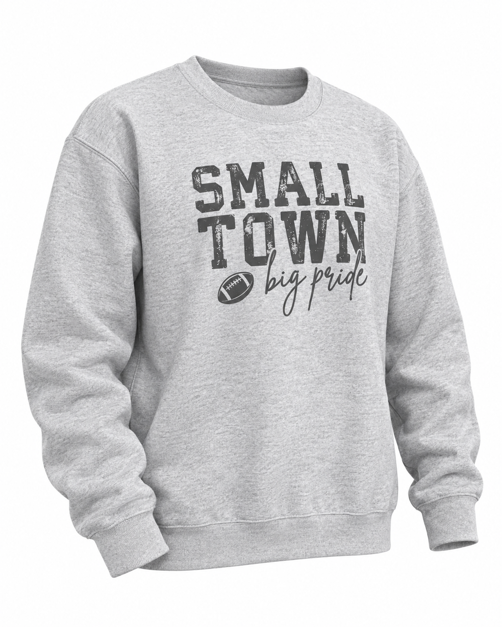 Angled front view of Small Town Big Pride gray crewneck sweatshirt with ribbed cuffs and hem
