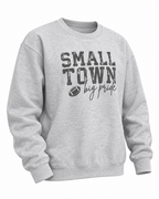 Angled front view of Small Town Big Pride gray crewneck sweatshirt with ribbed cuffs and hem
