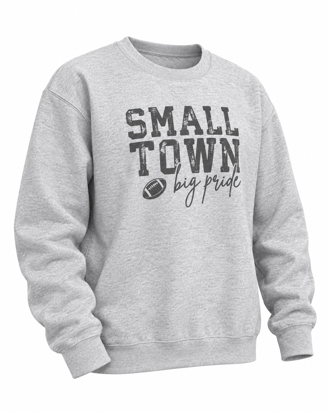 Angled front view of Small Town Big Pride gray crewneck sweatshirt with ribbed cuffs and hem
