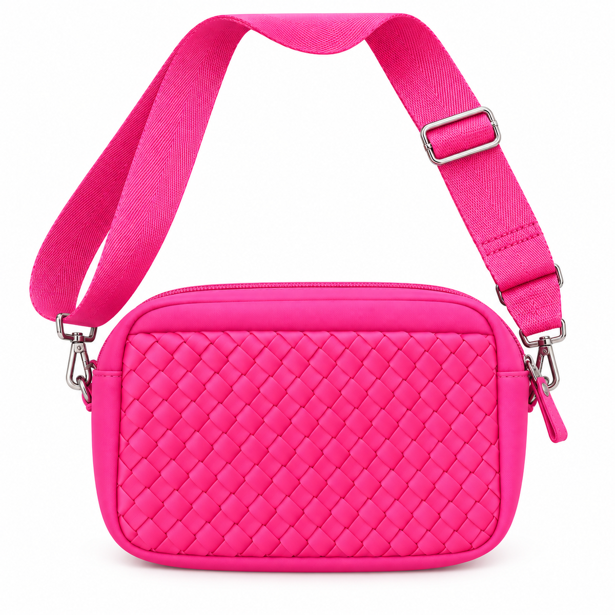 Hot Pink Woven Crossbody Bag front view with vivid hot pink quilted diamond woven panel, smooth pink trim, top zipper closure, and adjustable wide hot pink webbing strap with silver swivel clips on white background
