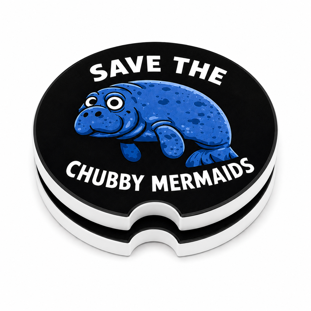 Save the Chubby Mermaids ceramic car coasters stacked showing thickness and finger notch cutout — cartoon manatee on black background, set of 2
