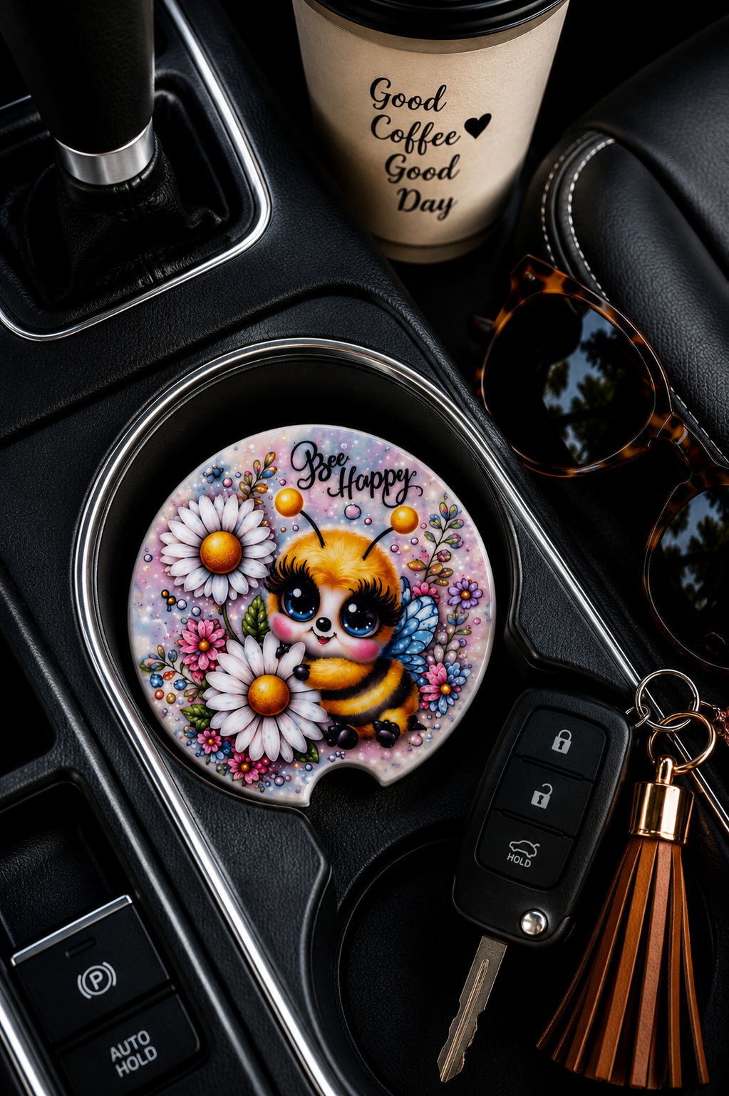 A round car cup holder insert featuring a colorful cartoon bee surrounded by daisies and flowers with the text 'Be Happy' in a real car interior setting next to sunglasses, a coffee cup, and a key fob.