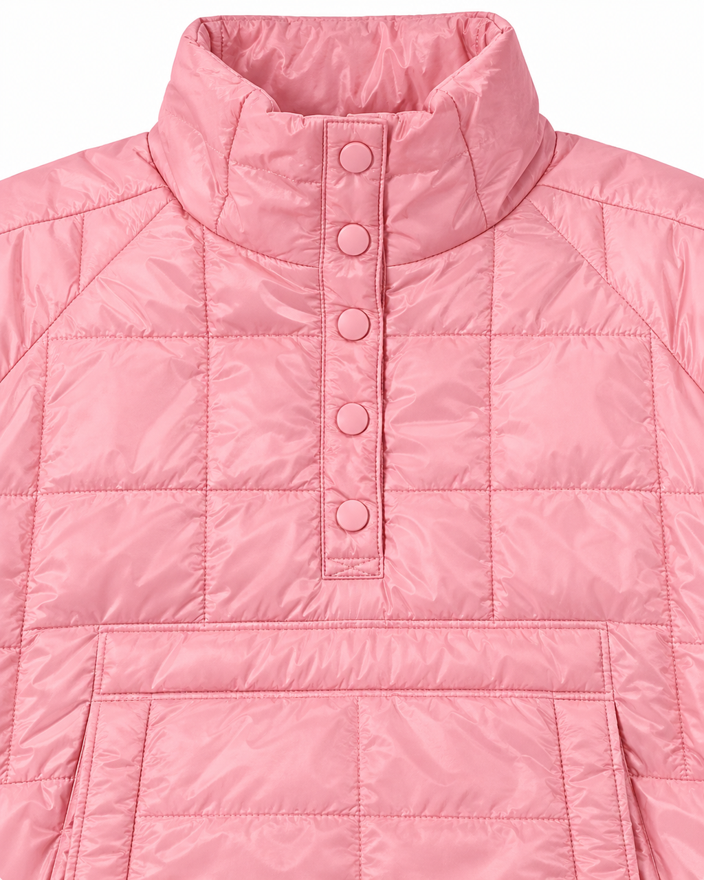 Close-up of Pink Quilted Puffer Pullover Jacket showing tall stand-up collar and five pink dome snap buttons on quarter placket over bubblegum pink large-grid quilted puffer fabric
