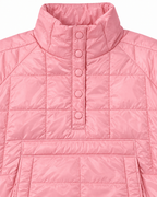 Close-up of Pink Quilted Puffer Pullover Jacket showing tall stand-up collar and five pink dome snap buttons on quarter placket over bubblegum pink large-grid quilted puffer fabric
